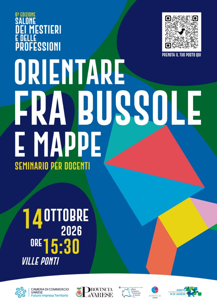 Locandina seminario per docenti del 14 ottobre 2026 del Salone dei mestieri e delle professioni "Orientare fra bussole e mappe"